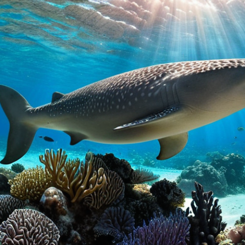 A breathtaking underwater scene in the Saudi Red Sea. Crystal-clear, untouched turquoise waters revealing vibrant, healthy coral reefs teeming with diverse, colorful marine life. Sunlight streams down, illuminating rare coral species and schools of tropical fish. A distant silhouette of a majestic dugong or whale shark adds to the wonder. The scene emphasizes pristine nature, biodiversity, and the beauty of an unspoiled ecosystem. Serene, high-definition, and inviting.