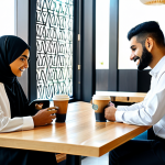 A group of young Saudi adults, both male and female, in professional, modest contemporary attire, fully clothed, appropriate attire, enjoying coffee and conversation in a brightly lit, modern specialty coffee shop in Riyadh. The interior features a blend of clean, contemporary design with subtle, abstract interpretations of traditional Arabic geometric patterns. Comfortable seating, natural light streaming through large windows. Various specialty coffee drinks with latte art and pour-over setups are on sleek wooden tables. A well-formed hand holds a coffee cup. Professional photography, high quality, perfect anatomy, correct proportions, natural pose, well-formed hands, proper finger count, natural body proportions, safe for work, appropriate content, fully clothed, modest, family-friendly.