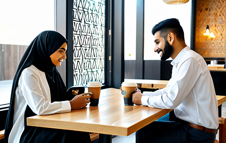 A group of young Saudi adults, both male and female, in professional, modest contemporary attire, fully clothed, appropriate attire, enjoying coffee and conversation in a brightly lit, modern specialty coffee shop in Riyadh. The interior features a blend of clean, contemporary design with subtle, abstract interpretations of traditional Arabic geometric patterns. Comfortable seating, natural light streaming through large windows. Various specialty coffee drinks with latte art and pour-over setups are on sleek wooden tables. A well-formed hand holds a coffee cup. Professional photography, high quality, perfect anatomy, correct proportions, natural pose, well-formed hands, proper finger count, natural body proportions, safe for work, appropriate content, fully clothed, modest, family-friendly.