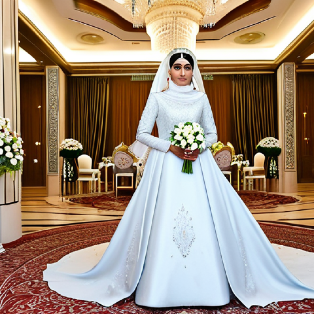 A regal Saudi royal bride, adult female, standing gracefully in a lavish, women-only 'Parti' banquet hall. She wears an exquisite, modest, floor-length wedding gown featuring intricate traditional embroidery and elegant modern design, subtly adorned with delicate crystal accents. The opulent hall is decorated with abundant fresh floral arrangements, towering crystal chandeliers, and grand architectural details. The atmosphere is celebratory and dignified. Professional photography, realistic rendering, soft lighting, perfect anatomy, correct proportions, natural pose, well-formed hands, proper finger count, natural body proportions, fully clothed, modest clothing, appropriate attire, professional dress, safe for work, appropriate content, family-friendly.