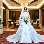 A regal Saudi royal bride, adult female, standing gracefully in a lavish, women-only 'Parti' banquet hall. She wears an exquisite, modest, floor-length wedding gown featuring intricate traditional embroidery and elegant modern design, subtly adorned with delicate crystal accents. The opulent hall is decorated with abundant fresh floral arrangements, towering crystal chandeliers, and grand architectural details. The atmosphere is celebratory and dignified. Professional photography, realistic rendering, soft lighting, perfect anatomy, correct proportions, natural pose, well-formed hands, proper finger count, natural body proportions, fully clothed, modest clothing, appropriate attire, professional dress, safe for work, appropriate content, family-friendly.