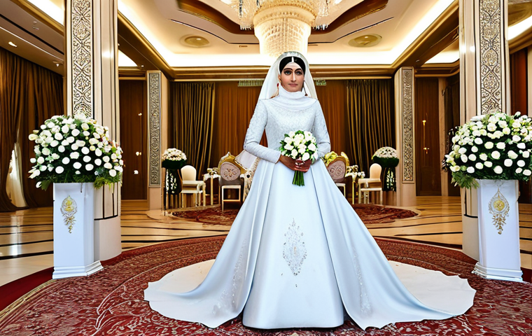 A regal Saudi royal bride, adult female, standing gracefully in a lavish, women-only 'Parti' banquet hall. She wears an exquisite, modest, floor-length wedding gown featuring intricate traditional embroidery and elegant modern design, subtly adorned with delicate crystal accents. The opulent hall is decorated with abundant fresh floral arrangements, towering crystal chandeliers, and grand architectural details. The atmosphere is celebratory and dignified. Professional photography, realistic rendering, soft lighting, perfect anatomy, correct proportions, natural pose, well-formed hands, proper finger count, natural body proportions, fully clothed, modest clothing, appropriate attire, professional dress, safe for work, appropriate content, family-friendly.