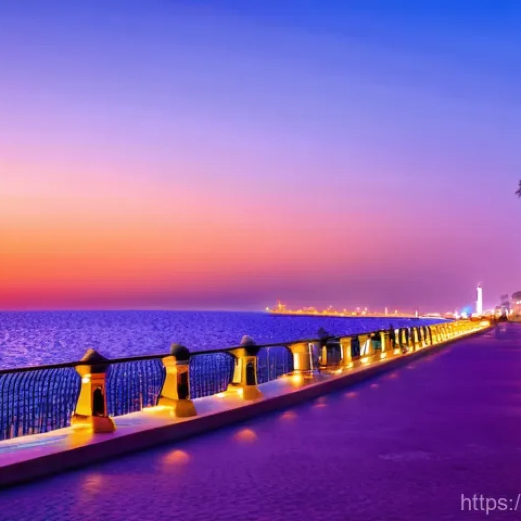 제다의 해안가 관광 명소 - **Jeddah Corniche at Sunset with King Fahd Fountain in the background**
    A vibrant and romantic s...
