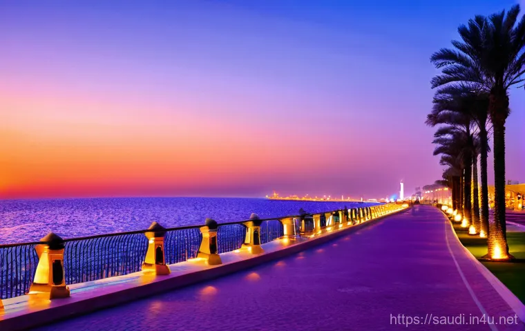 제다의 해안가 관광 명소 - **Jeddah Corniche at Sunset with King Fahd Fountain in the background**
    A vibrant and romantic s...