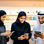 사우디아라비아 내 소셜 미디어와 디지털 영향력 - **Saudi Youth Navigating a Vibrant Digital Landscape:** A group of diverse Saudi young adults, dress...
