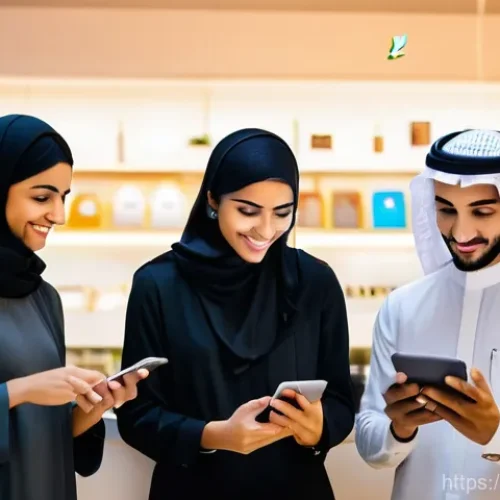 Home 15 사우디아라비아 내 소셜 미디어와 디지털 영향력 - **Saudi Youth Navigating a Vibrant Digital Landscape:** A group of diverse Saudi young adults, dress...
