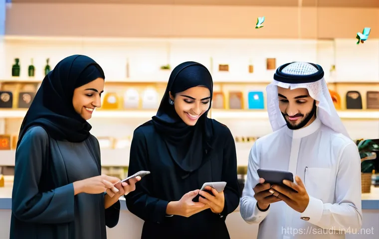 사우디아라비아 내 소셜 미디어와 디지털 영향력 - **Saudi Youth Navigating a Vibrant Digital Landscape:** A group of diverse Saudi young adults, dress...